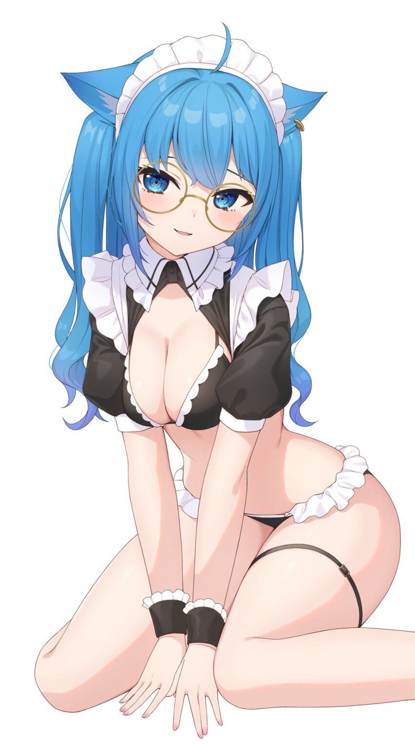 1girl ahoge animal_ears between_legs bikini black_bikini black_shrug blue_eyes blue_hair breasts cat_ears cleavage frilled_bikini frills hand_between_legs highres long_hair looking_at_viewer maid_headdress medium_breasts nanashi_inc. nishino_eri open_mouth round_eyewear short_sleeves shrug_(clothing) simple_background sitting smile solo souya_ichika string_bikini swimsuit thigh_strap thighs two_side_up virtual_youtuber wariza white_background wing_collar wrist_cuffs yellow-framed_eyewear