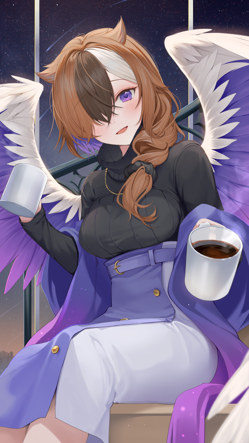 1girl absurdres belt black_scrunchie black_shirt breasts brown_hair clothing_request coffee_mug comet commission cup estelle_(cieluscian) feet_out_of_frame hair_between_eyes hair_over_one_eye highres holding holding_cup ion_(on01e) large_breasts light_blush long_sleeves looking_at_viewer mug multicolored_hair night night_sky original pixiv_commission purple_belt purple_eyes purple_skirt purple_wings scrunchie shirt side_ponytail sitting skirt sky smile solo streaked_hair turtleneck turtleneck_shirt two-tone_skirt two-tone_wings white_skirt white_wings wings