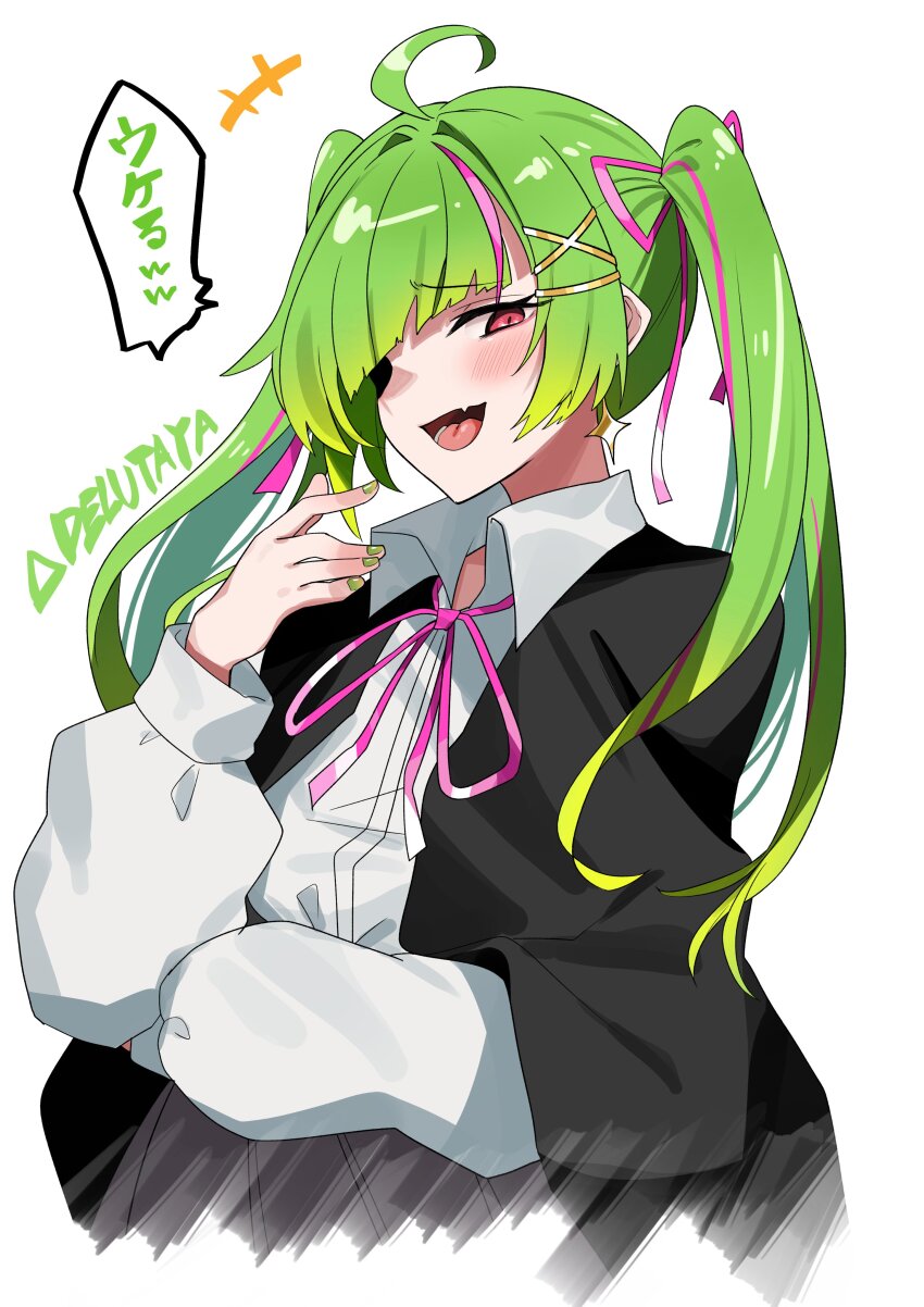 1girl absurdres ahoge black_jacket blush character_name collared_shirt delutaya delutaya_(1st_costume) green_hair green_nails grey_skirt hair_ribbon highres indie_virtual_youtuber jacket long_hair long_sleeves open_clothes open_jacket open_mouth pink_hair pink_ribbon red_eyes ribbon shirt skirt solo speech_bubble sui_hi_sf translation_request twintails virtual_youtuber white_shirt