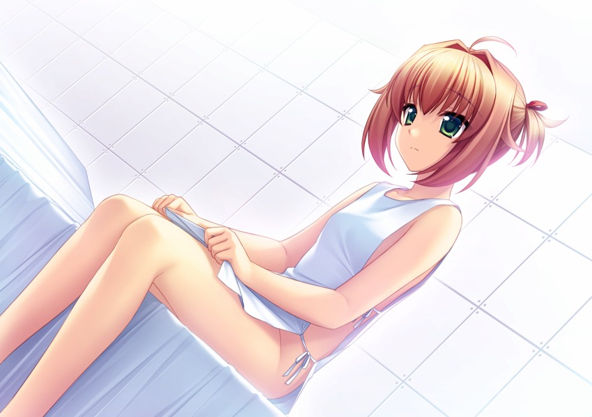 1girl ahoge bed brown_hair collarbone dutch_angle eyebrows female_focus game_cg green_eyes hair_ribbon miono_shizuku muv-luv muv-luv_alternative muv-luv_alternative_chronicles muv-luv_unlimited:_the_day_after no_panties official_art red_ribbon ribbon short_hair sitting solo