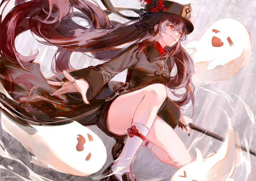 1girl artist_name black_footwear black_nails brown_coat brown_hair coat coattails flower from_side genshin_impact ghost hat hat_flower holding holding_polearm holding_weapon hu_tao_(genshin_impact) jewelry kei_(keiuu) kneehighs long_hair looking_ahead nail_polish on_one_knee outstretched_hand plum_blossoms polearm porkpie_hat red_eyes ring shoes sidelocks signature smile socks solo twintails very_long_hair weapon white_socks