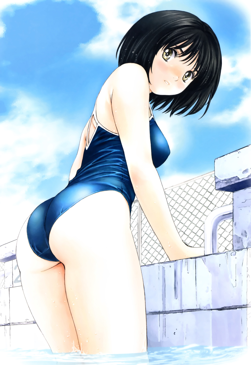 00s 1girl absurdres ass breasts chain-link_fence competition_school_swimsuit day female_focus fence from_behind from_below highres kobayashi_hiyoko looking_at_viewer medium_breasts non-web_source official_art oku-sama_wa_joshi_kousei one-piece_swimsuit onohara_asami outdoors pool poolside school_swimsuit solo standing swimsuit wading wet