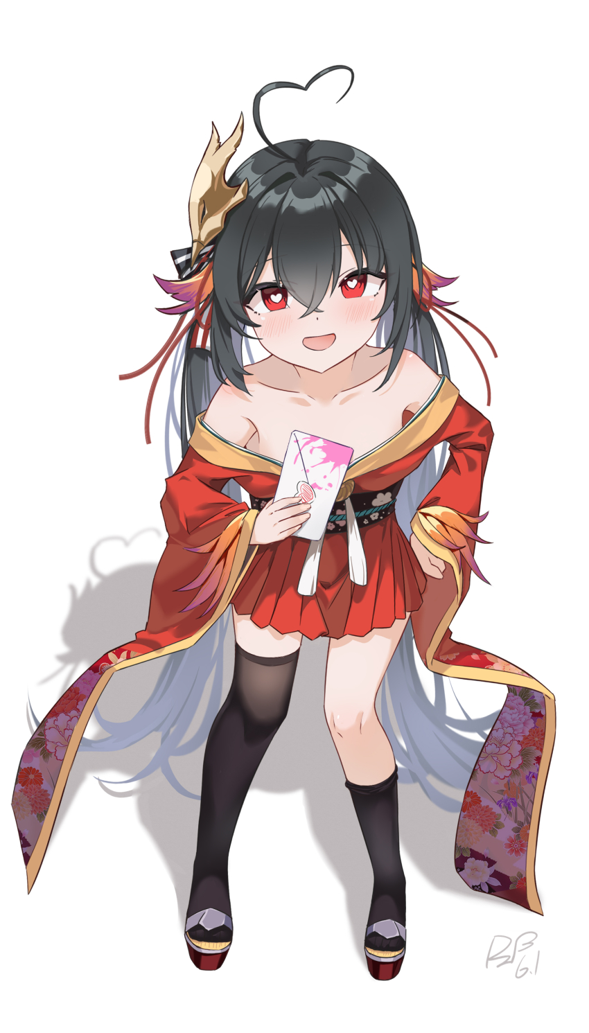 1girl absurdres ahoge asymmetrical_legwear azur_lane bare_shoulders black_hair black_thighhighs blush collarbone crossed_bangs envelope full_body hair_between_eyes heart heart-shaped_pupils heart_ahoge highres holding holding_envelope japanese_clothes kimono kimono_skirt mask mask_on_head miniskirt off_shoulder okobo open_mouth ping_zhong_yu platform_sandals red_eyes sandals shadow signature simple_background single_thighhigh skirt smile solo symbol-shaped_pupils taihou-chan_(azur_lane) tengu_mask thighhighs twintails white_background