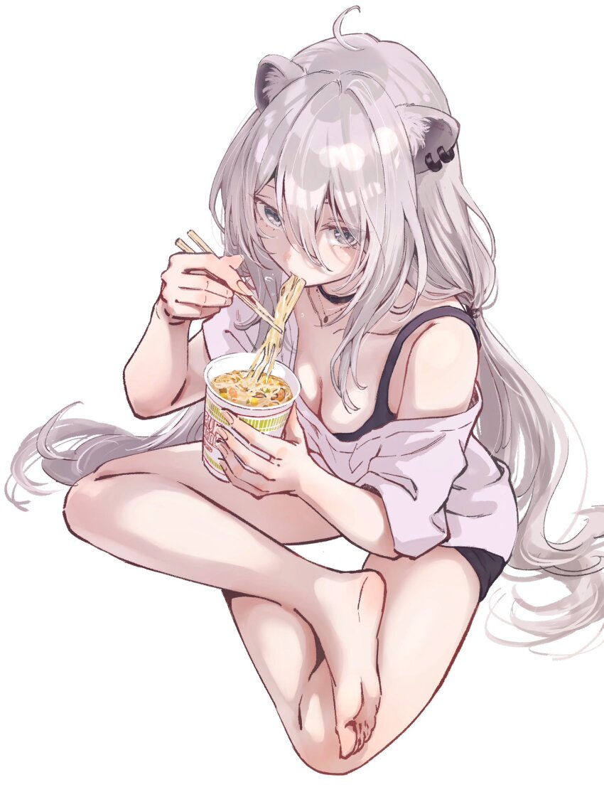 1girl ahoge animal_ears bare_legs barefoot black_choker black_shorts black_sports_bra choker chopsticks collarbone crossed_legs cup_ramen ear_piercing eating eyelashes feet grey_eyes hair_between_eyes hands_up highres holding holding_chopsticks hololive jewelry legs lion_ears lion_girl long_hair looking_at_viewer low-tied_long_hair necklace off_shoulder oversized_clothes oversized_shirt piercing shadow shirt shishiro_botan short_sleeves shorts simple_background sitting soles solo sonnamonaka sports_bra toes very_long_hair virtual_youtuber white_background