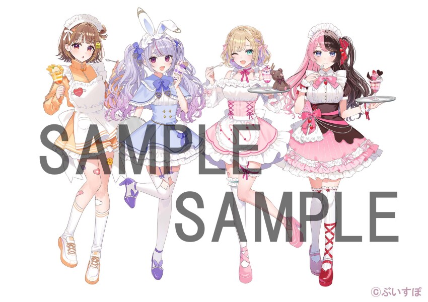 4girls apron black_hair blonde_hair braid brown_hair closed_mouth cross-laced_footwear cup garter_straps glass gradient_hair grey_hair highres holding holding_cup kneehighs kurumi_noah long_hair looking_at_viewer maid_headdress miyako_(xxxbibit) multicolored_hair multiple_girls official_art one_eye_closed one_side_up open_mouth parted_lips pink_footwear pink_hair purple_footwear purple_hair red_eyes red_footwear sample_watermark sendo_yuuhi shoes short_hair simple_background single_thighhigh socks standing standing_on_one_leg streaked_hair tachibana_hinano_(vtuber) thighhighs tosaki_mimi two-tone_hair virtual_youtuber vspo! watermark white_apron white_background white_footwear white_socks white_thighhighs zettai_ryouiki