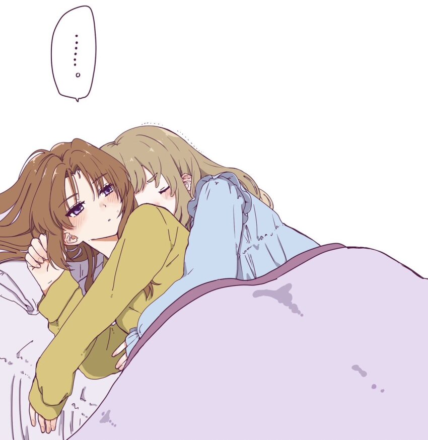 ... 2girls blonde_hair brown_hair closed_eyes hibike!_euphonium highres hug long_hair long_sleeves looking_at_another multiple_girls nakagawa_natsuki purple_eyes simple_background sleeping sleeves_past_wrists spoken_ellipsis tan_tttn white_background yoshikawa_yuuko yuri