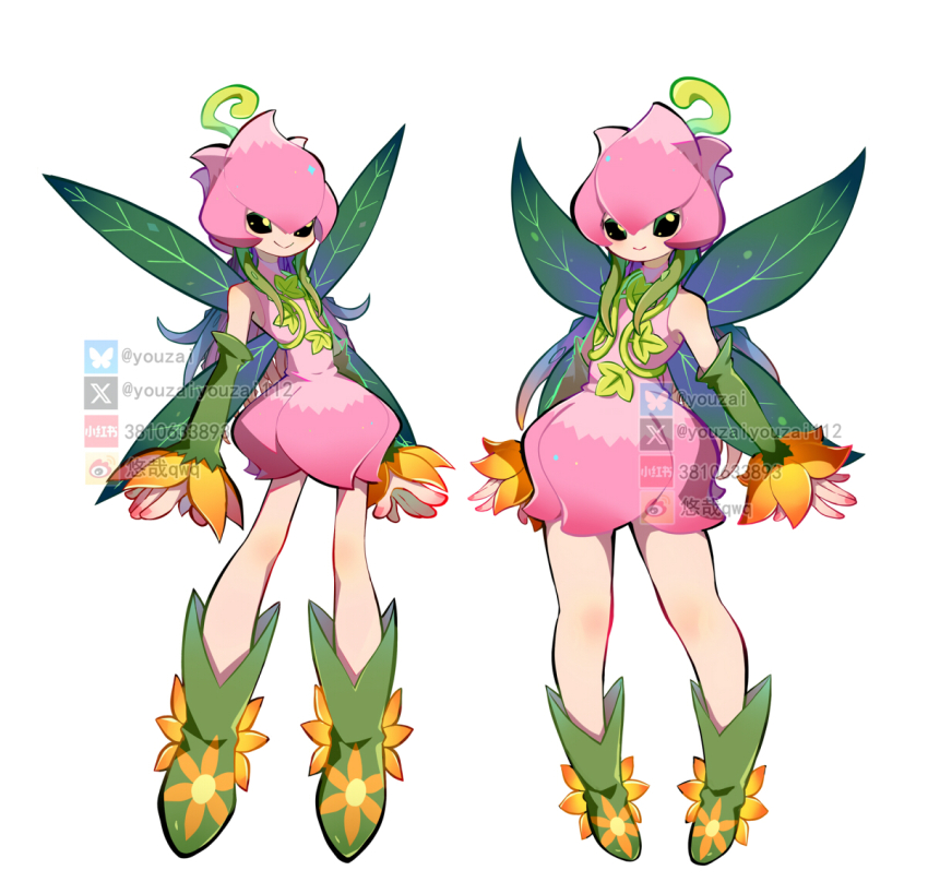 2girls antennae black_sclera boots colored_sclera digimon dress fairy floating flower flower_hat green_footwear leaf_wings lilimon multiple_girls pink_dress shirt simple_background white_shirt youzaiyouzai112