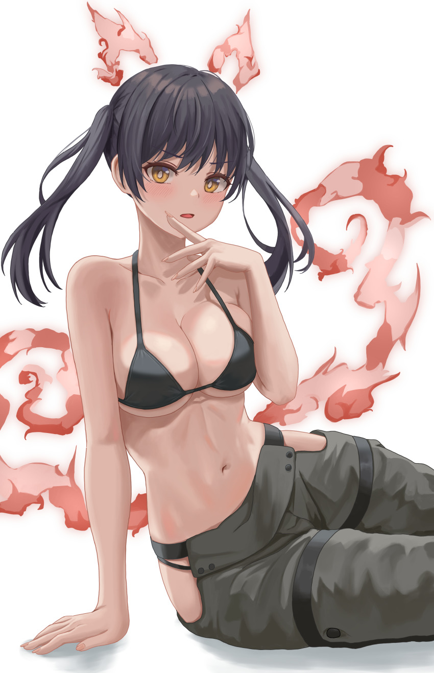 1girl absurdres bare_arms bare_shoulders bikini bikini_top_only black_bikini black_hair blush breasts bright_pupils cleavage en&#039;en_no_shouboutai frown grey_pants halterneck highres hip_vent long_hair looking_at_viewer medium_breasts navel open_mouth pants sitting solo stomach strap_gap string_bikini swimsuit tamaki_kotatsu twintails v-shaped_eyebrows yellow_eyes yj_(yojo_san) yokozuwari