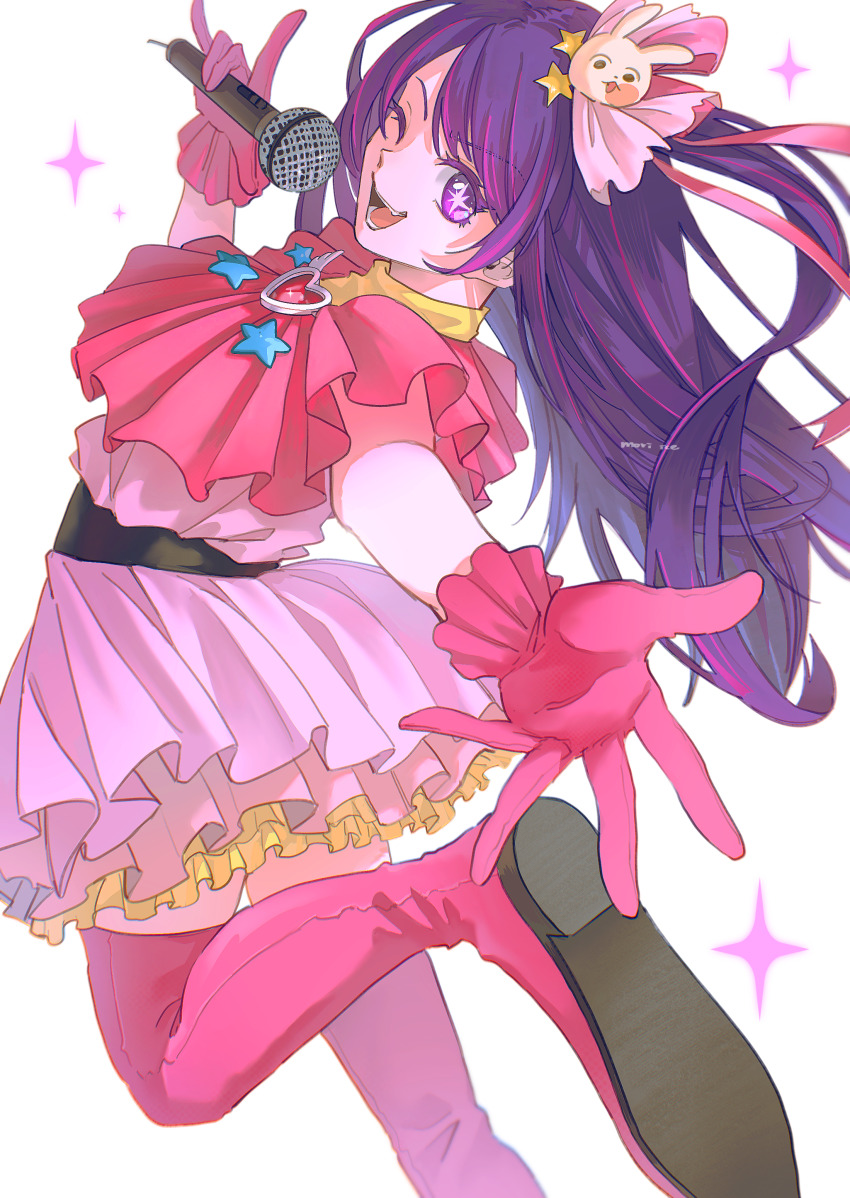 1girl ;d absurdres artist_name boots brooch dress gloves hair_ornament heart heart_brooch highres holding holding_microphone hoshino_ai ice_morinaka idol jewelry leg_up long_hair microphone multicolored_hair one_eye_closed one_side_up open_mouth oshi_no_ko outstretched_arm pink_dress pink_footwear pink_gloves pink_hair purple_eyes purple_hair rabbit_hair_ornament simple_background smile solo star_(symbol) star_hair_ornament streaked_hair teeth thigh_boots thighhighs two-tone_hair white_background zettai_ryouiki