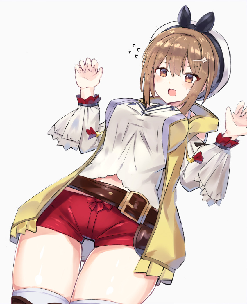 1girl :o atelier_(series) atelier_ryza atelier_ryza_1 bad_id bad_pixiv_id belt beret blush breasts brown_eyes brown_hair cowboy_shot frown hair_ornament hairclip hands_up hat highres large_breasts long_sleeves midriff_peek nonon_(xenonbot) open_mouth red_shorts reisalin_stout shirt short_hair short_shorts shorts sidelocks skindentation solo thigh_gap thighhighs thighs vest white_hat white_shirt yellow_vest