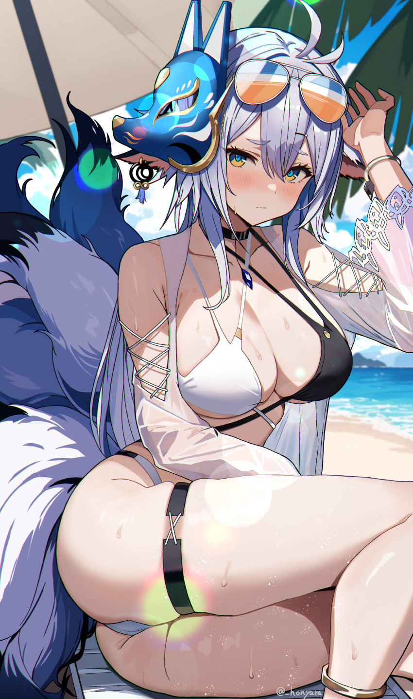 1girl absurdres adjusting_eyewear antenna_hair artist_name ass aviator_sunglasses azur_lane beach bikini black_choker breasts choker criss-cross_halter day eyewear_on_head feet_out_of_frame floppy_ears fox_mask fox_tail hair_between_eyes halterneck highleg highleg_bikini highres honyara-san large_breasts long_hair long_sleeves looking_at_viewer mask mask_on_head multicolored_bikini multicolored_clothes multiple_tails ocean official_alternate_costume outdoors see-through_clothes see-through_sleeves solo summer sunglasses swimsuit tail thigh_strap tosa_(azur_lane) tosa_(hometown_zest)_(azur_lane) two-tone_bikini yellow_eyes