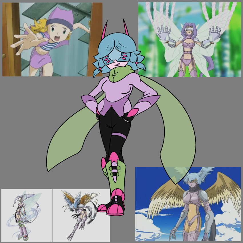 1girl armor blonde_hair digimon digimon_(creature) digimon_frontier fairimon female_focus gloves green_eyes hat head_wings highres jacket long_hair mask oridigi original orimoto_izumi short_hair shutumon solo wings