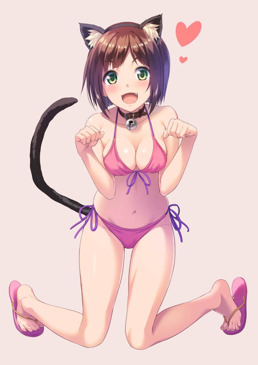 1girl :d absurdres animal_ears bare_shoulders bell bikini blush breasts brown_hair cat_ears cat_tail cleavage collar collarbone fake_animal_ears fang feet female_focus flip-flops front-tie_top green_eyes highres idolmaster idolmaster_cinderella_girls kneeling looking_at_viewer maekawa_miku medium_breasts navel neck_bell open_mouth paw_pose purple_bikini sandals short_hair side-tie_bikini_bottom simple_background smile solo star_(symbol) swimsuit tail tenkuu_nozora toes