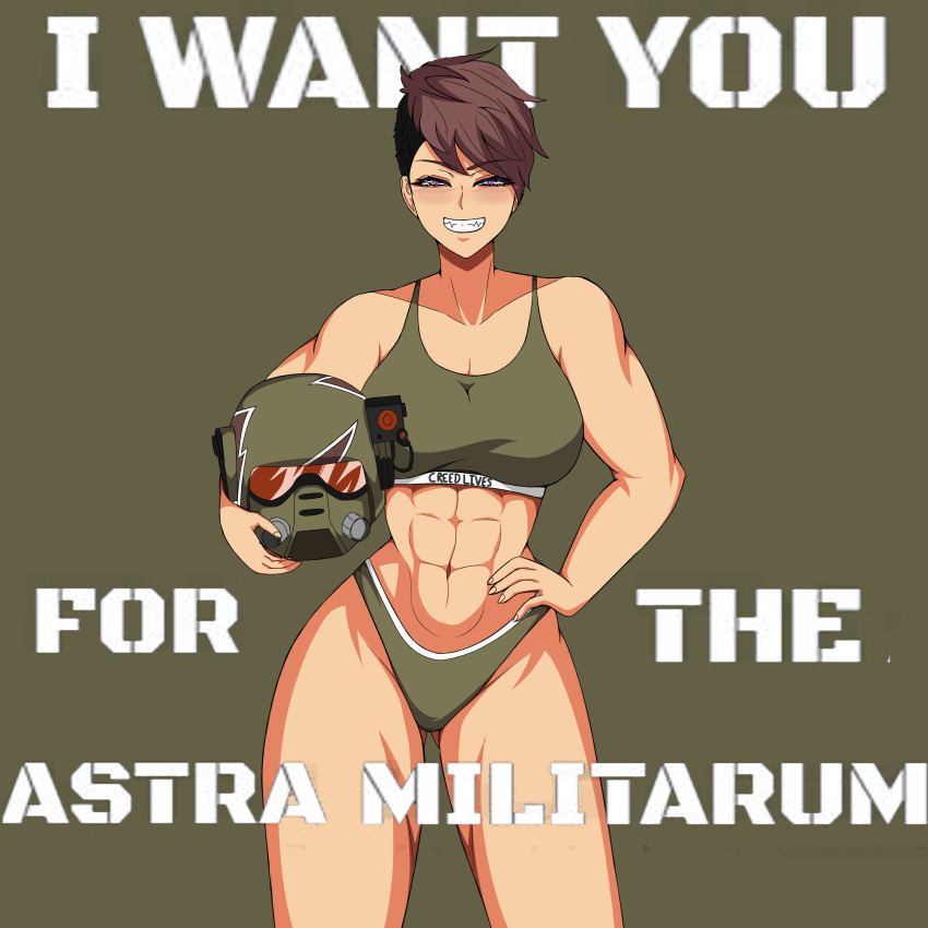 1girl abs absurdres astra_militarum demondog17 english_text gym_uniform helmet highres holding holding_helmet looking_at_viewer military purple_eyes sharp_teeth shaved_head short_hair simple_background smile solo spiked_hair tank_top teeth tomboy toned warhammer_40k