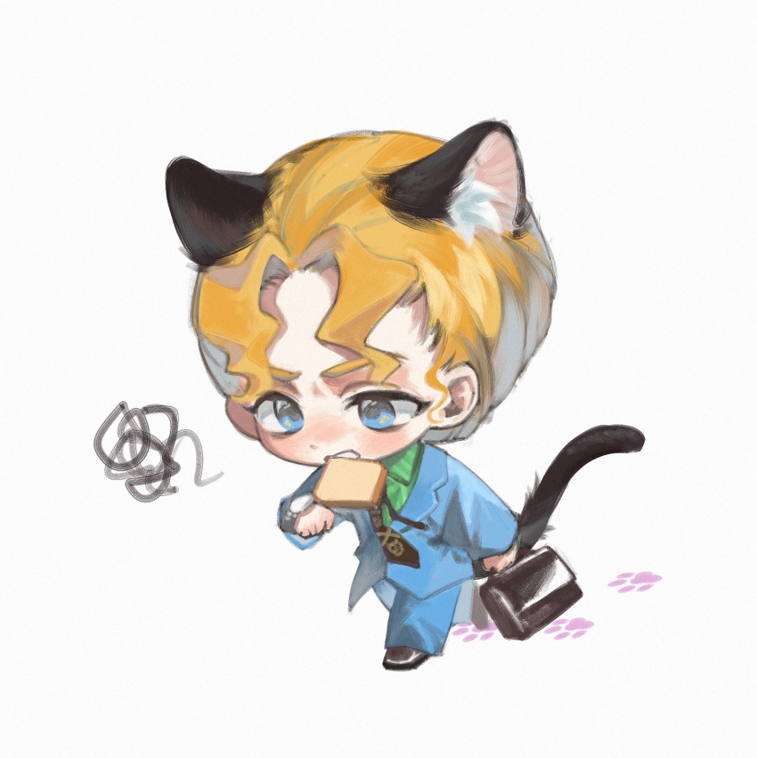 1boy animal_ear_fluff animal_ears aoi_(cariiiie) black_footwear black_necktie blonde_hair blue_eyes blue_jacket blue_pants blush bread bread_slice briefcase cat_boy cat_ears cat_tail chibi chibi_only chinese_commentary collared_shirt commentary_request food food_in_mouth green_shirt highres holding holding_briefcase jacket jojo_no_kimyou_na_bouken kemonomimi_mode kira_yoshikage lapels long_sleeves male_focus necktie notched_lapels pants paw_print shirt short_hair simple_background solo squiggle striped_clothes striped_shirt tail vertical-striped_clothes vertical-striped_shirt watch white_background wristwatch