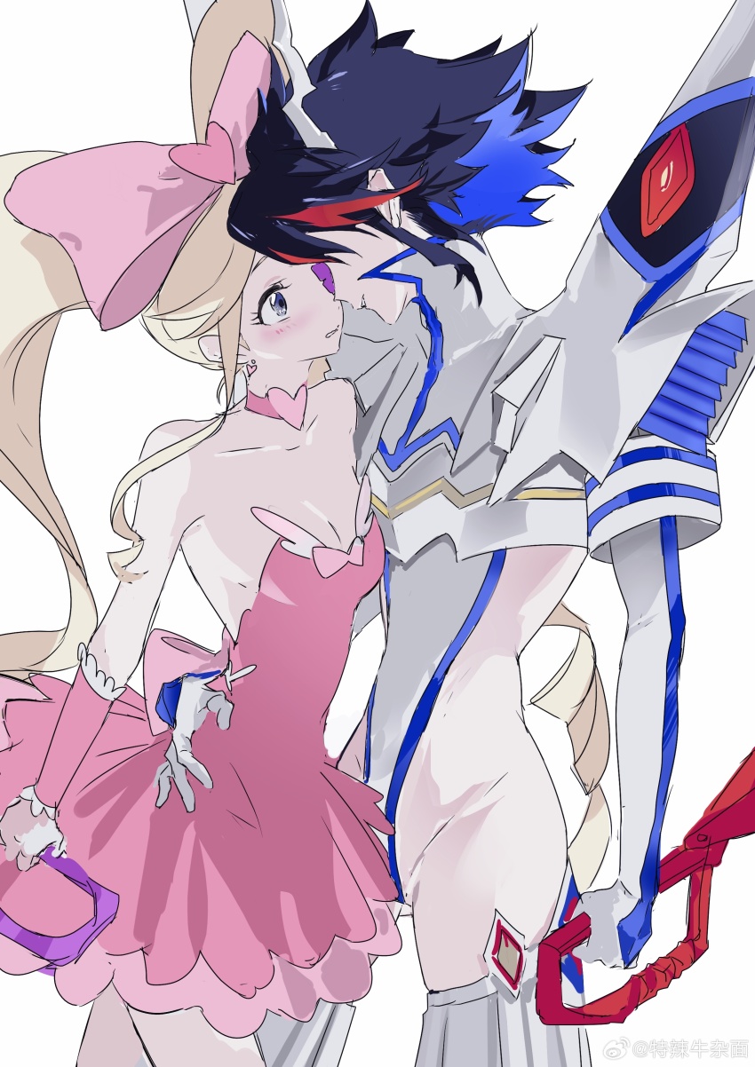 2girls absurdres artist_name black_hair blonde_hair blue_eyes blush breasts chinese_commentary cleavage collarbone cowboy_shot eye_contact hair_between_eyes hand_on_another&#039;s_waist harime_nui highres holding holding_weapon kill_la_kill long_hair looking_at_another matoi_ryuuko multicolored_hair multiple_girls parted_lips red_hair sidelocks simple_background smile streaked_hair telaniunzamian twintails watermark weapon weibo_watermark white_background yuri