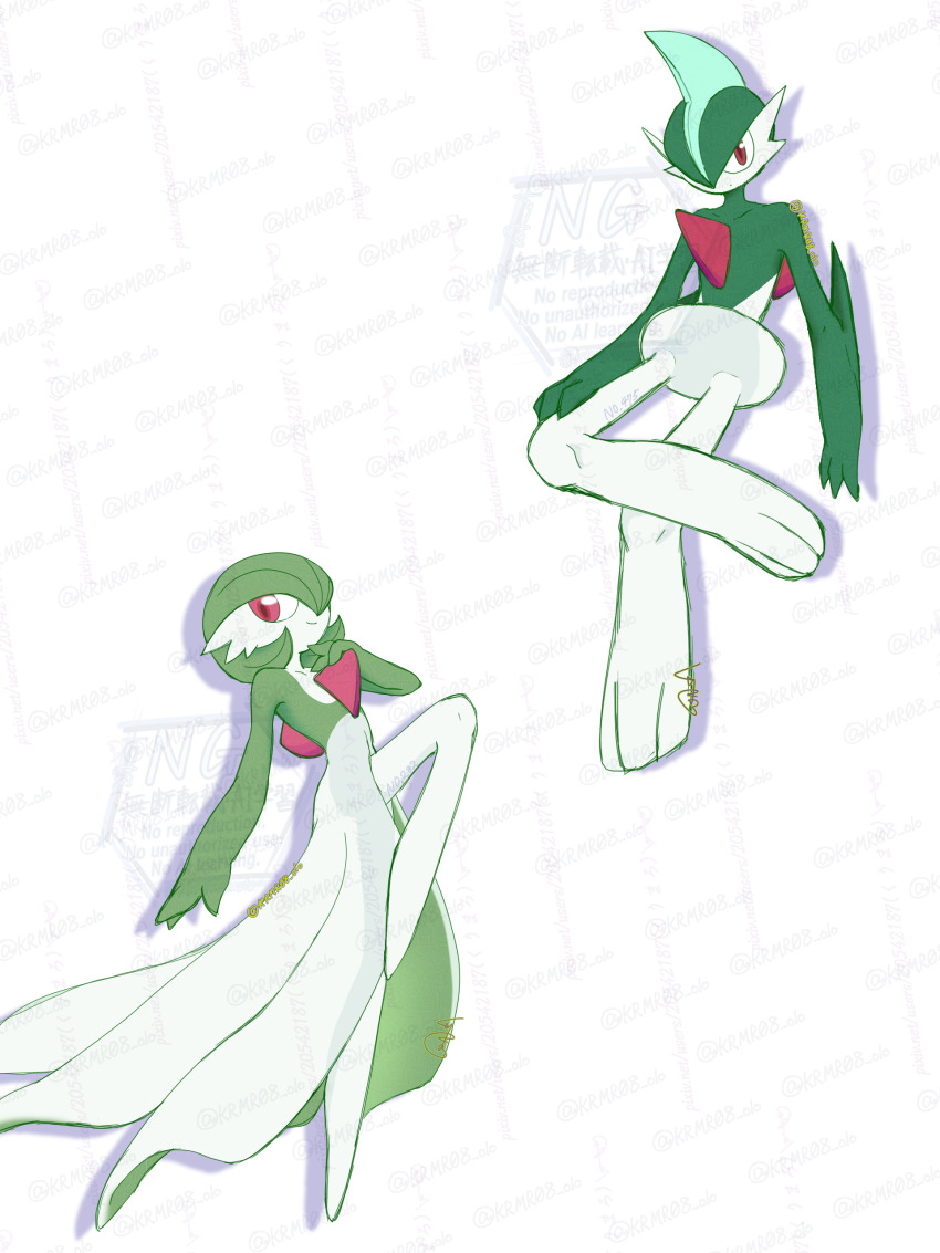 1boy 1girl adversarial_noise arm_at_side arm_blade artist_name blue_hair bob_cut closed_mouth collarbone colored_skin creatures_(company) crossed_legs drop_shadow flat_chest full_body gallade game_freak gardevoir gen_3_pokemon gen_4_pokemon green_hair green_skin hair_over_one_eye hand_on_own_chest hand_on_own_leg hand_up happy kurimaro leg_up looking_at_viewer looking_to_the_side mohawk multicolored_hair multicolored_skin nintendo no_feet one_eye_covered pokemon pokemon_(creature) red_eyes short_hair sideways_glance signature smile standing standing_on_one_leg twitter_username two-tone_hair two-tone_skin weapon white_background white_skin