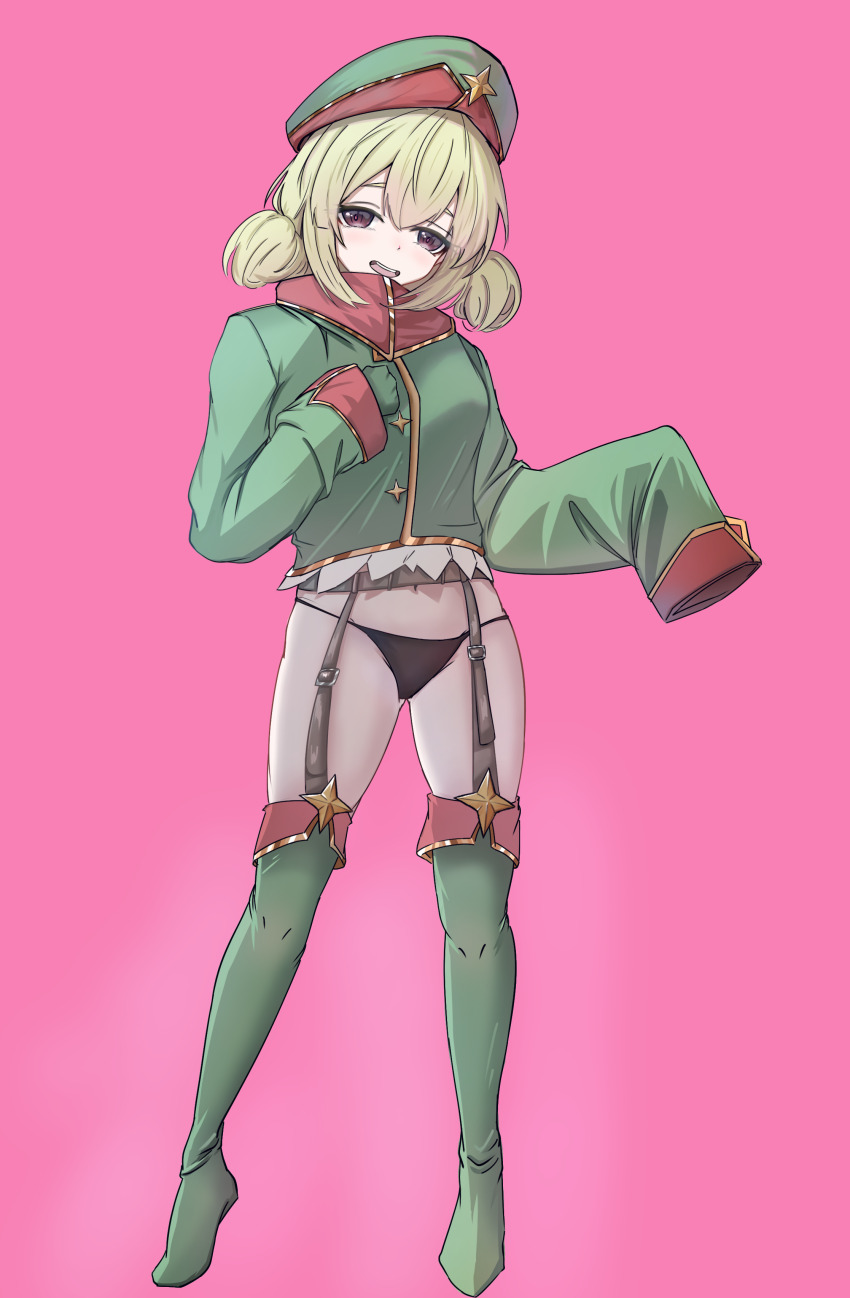 1girl absurdres araga_kiwi black_panties blonde_hair boots breasts double_bun full_body garter_belt gloves gluteal_fold green_footwear green_gloves green_hat green_jacket hair_between_eyes hair_bun hat highres jacket leoparde_(mahou_shoujo_ni_akogarete) light_blush looking_at_viewer mahou_shoujo_ni_akogarete medium_breasts military_hat military_jacket open_mouth panties pink_background red_eyes simple_background smile solo teeth thigh_boots underwear upper_teeth_only user_hvpv3248