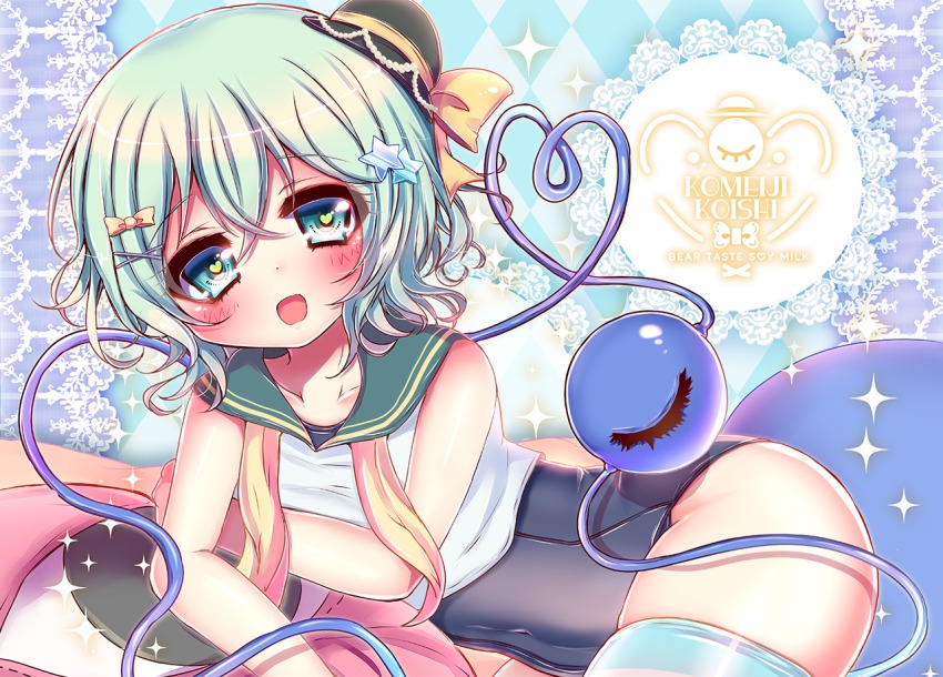 1girl bad_id bad_pixiv_id female_focus green_eyes green_hair hair_ornament hat heart heart-shaped_pupils heart_of_string komeiji_koishi matasabuyarou matching_hair/eyes mini_hat mini_top_hat sailor_collar school_swimsuit solo sparkle star_(symbol) star_hair_ornament swimsuit symbol-shaped_pupils third_eye top_hat touhou