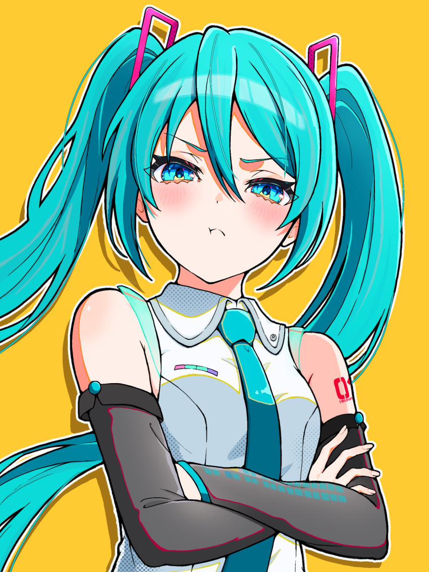 1girl :t arm_tattoo blue_eyes blue_hair blue_necktie blush collared_shirt crossed_arms detached_sleeves floating_hair grey_sleeves hair_between_eyes hair_ornament hatsune_miku highres long_hair long_sleeves looking_at_viewer necktie number_tattoo outline pout shirt simple_background sleeveless sleeveless_shirt solo tattoo twintails upper_body uzuki_sena very_long_hair vocaloid white_outline white_shirt wing_collar yellow_background