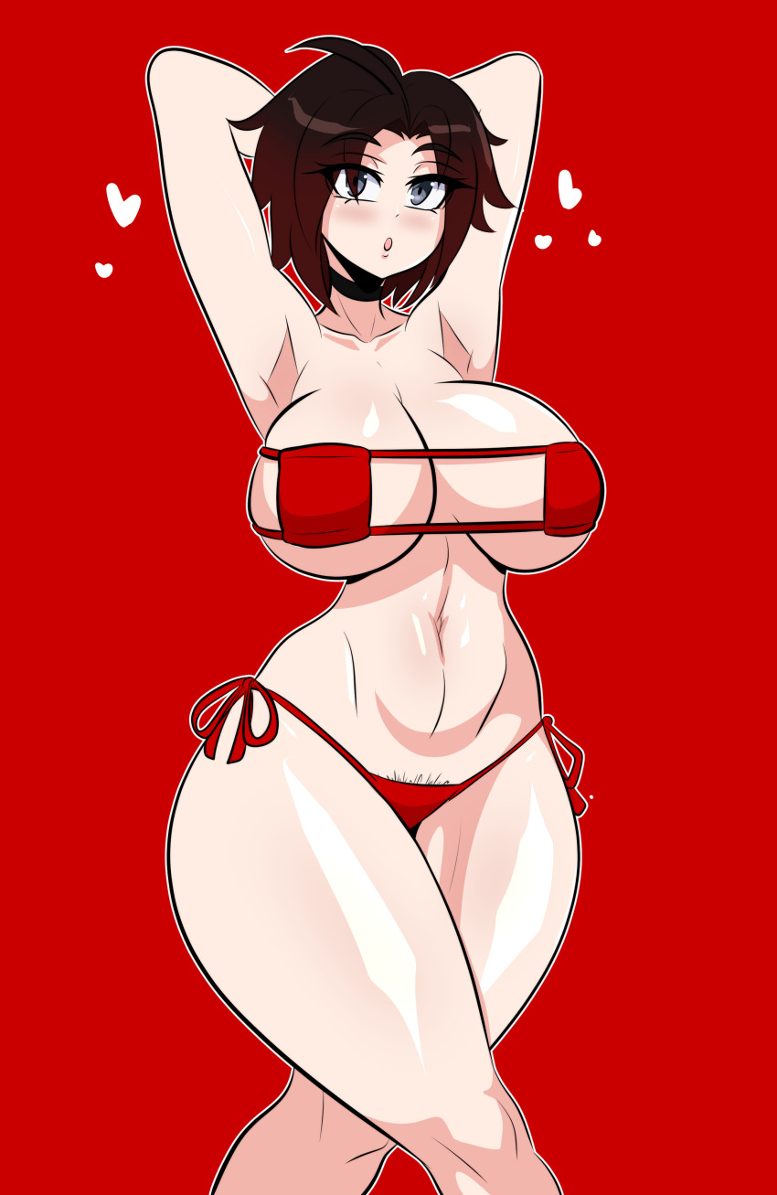 1girl armpits arms_behind_head arms_up bare_shoulders bikini black_hair breasts cleavage curvy eyepatch_bikini female_pubic_hair grey_eyes kinathefox large_breasts multicolored_hair navel open_mouth pubic_hair red_background red_bikini red_hair ruby_rose rwby shiny_skin short_hair side-tie_bikini_bottom simple_background stomach strapless strapless_bikini swimsuit thick_thighs thigh_strap thighs wide_hips