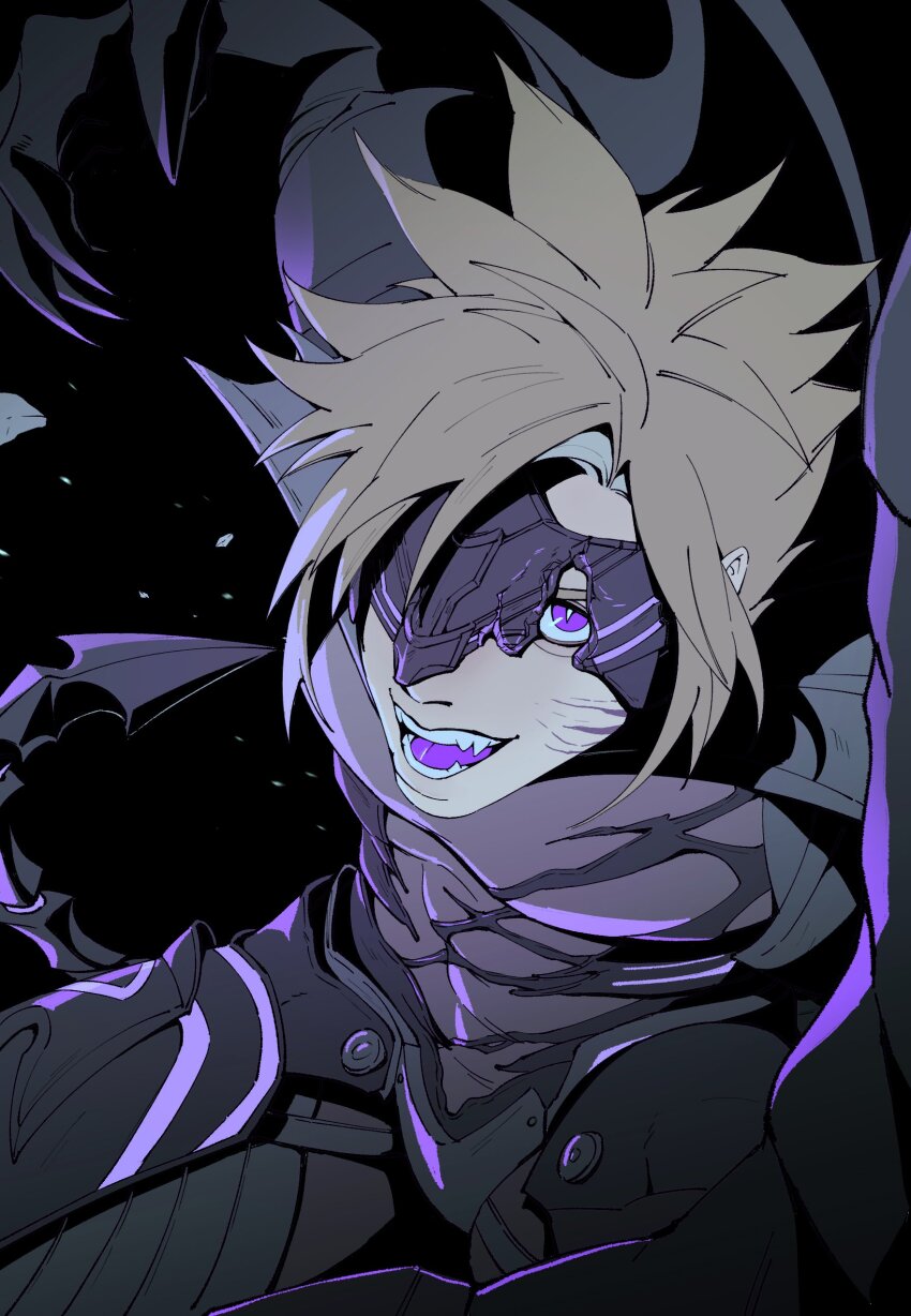 1boy abs absurdres armor black_armor blonde_hair clawed_gauntlets cloud_strife cloud_strife_(bahamut_garb) colored_tongue cracked_mask demon_tail eye_mask facial_mark fangs final_fantasy final_fantasy_vii final_fantasy_vii_ever_crisis foreshortening gloves highres looking_at_viewer male_focus official_alternate_costume pectorals purple_eyes purple_tongue short_hair shoulder_armor slit_pupils smile spiked_hair tail toned toned_male tongue tongueeeeeee