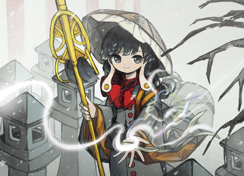 1girl black_hair black_sash branch brown_hat buttons capelet clothes_writing cowboy_shot dress earrings grey_dress hat highres holding holding_staff jewelry light_smile long_earlobes long_hair long_sleeves looking_at_viewer neruzou outdoors reaching reaching_towards_viewer red_capelet red_eyes revision sash shakujou snow snowing solo staff standing stone_lantern touhou wide_sleeves winter yatadera_narumi