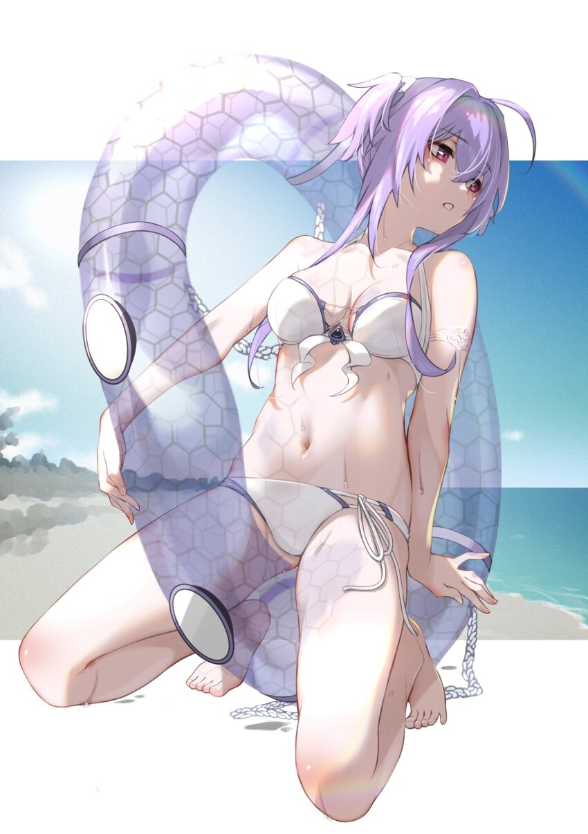 1girl :o bare_shoulders beach bikini breasts brown_eyes collarbone fune_(fune93ojj) goddess_of_victory:_nikke headband highres innertube liberalio_(nikke) light_blush medium_breasts midriff navel ocean parted_lips purple_hair sand short_hair skirt solo swim_ring swimsuit water white_bikini white_skirt