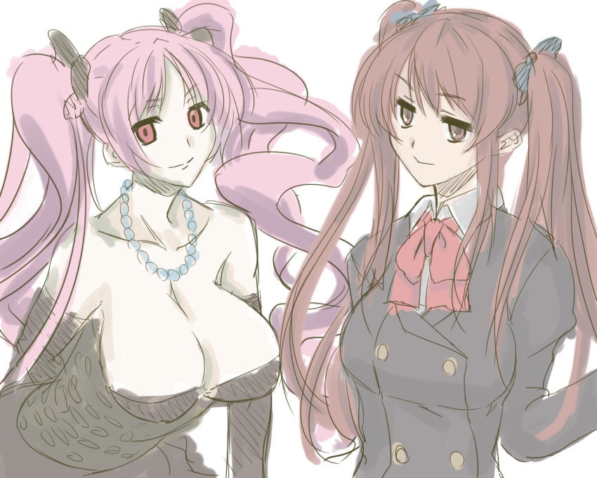 10s 2girls akazawa_izumi another artist_request breasts brown_hair cleavage crossover highres jewelry large_breasts md5_mismatch multiple_girls necklace pink_hair red_eyes shiki_(novel) shimizu_megumi sketch