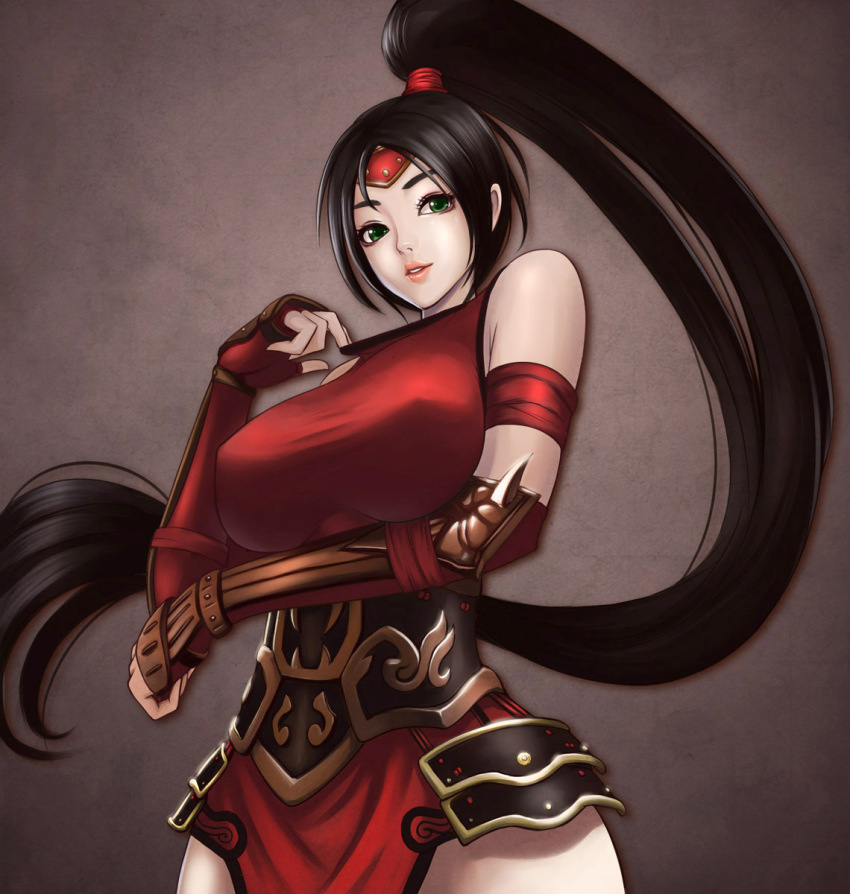 1girl akali akali_(legacy) alternate_costume armband armor bare_shoulders black_hair bracer breast_hold breasts clenched_hand corset covered_erect_nipples cowboy_shot crimson_akali elbow_gloves faulds female_focus fingerless_gloves forehead_protector gloves green_eyes grey_background grin high_ponytail highres hip_focus japanese_clothes large_breasts league_of_legends leotard lips long_hair looking_at_viewer mask ninja pale_skin pelvic_curtain ponytail red_gloves red_leotard scrunchie seiryuu_zaiten skin_tight smile solo spikes taut_clothes unworn_mask vambraces very_long_hair