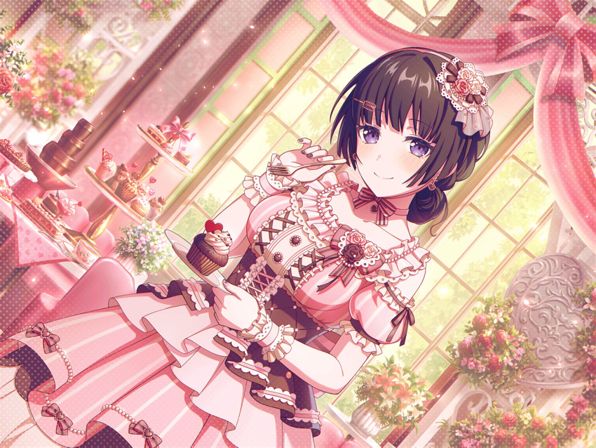 1girl bang_dream! black_hair blush bow cake choker corset cupcake dress dutch_angle earrings flower food fork frilled_dress frills fruit hair_bun hair_ornament hairband hairclip holding holding_fork holding_plate indoors jewelry long_hair looking_at_viewer official_alternate_hairstyle official_art pink_choker pink_dress plant plate purple_eyes ribbon rose shirokane_rinko smile solo striped_bow striped_clothes striped_dress third-party_source tiered_tray window wrist_cuffs