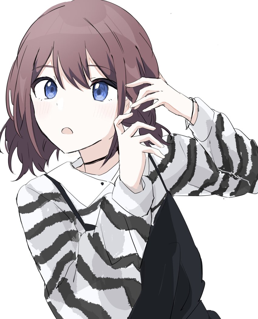 1girl absurdres black_choker black_stripes blue_eyes brown_hair choker girls_band_cry highres iseri_nina official_alternate_costume rua_gr shirt short_hair solo white_background white_shirt