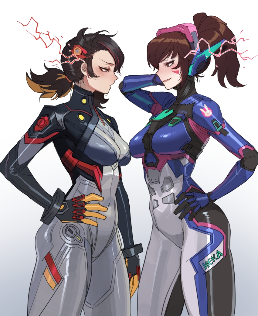 2girls absurdres black_hair bodysuit breasts brown_eyes brown_hair commentary crossover d.va_(overwatch) eye_contact facial_mark highres long_hair looking_at_another marvel marvel_rivals mecha_pilot_suit multiple_girls overwatch overwatch_2 peni_parker ratatatat74 short_hair smile spider-man:_into_the_spider-verse spider-man_(series) spider-verse swept_bangs symbol-only_commentary whisker_markings