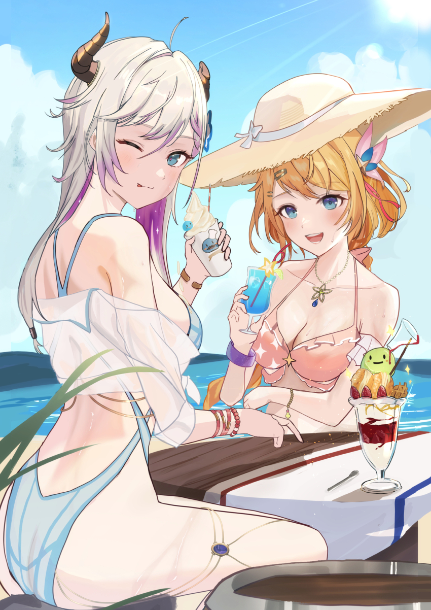 2girls atelier_(series) atelier_resleriana beach blonde_hair blue_eyes broken_horn drink food hat highres horns ice_cream long7nana multiple_girls ocean one_eye_closed outdoors resna_sternenlicht sky sun_hat swimsuit valeria_(atelier) valeria_(radiant_summer)_(atelier) white_hair