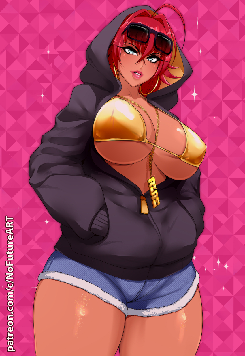 1girl ahoge alternate_costume alternate_form alternate_skin_color between_breasts bikini bikini_top_only blue_eyes blush breasts character_name cleavage crossed_bangs dark-skinned_female dark_skin denim denim_shorts earrings female_focus gold_bikini grey_hoodie hair_between_eyes hand_in_pocket high_school_dxd highres hood hoodie hoop_earrings huge_ahoge jewelry large_breasts long_hair looking_at_viewer necklace nofuture parted_lips patreon_username red_hair rias_gremory shiny_swimsuit short_shorts shorts smile solo sunglasses sunglasses_on_head swimsuit tan thick_thighs thighs underboob very_long_hair watermark web_address zipper_pull_tab