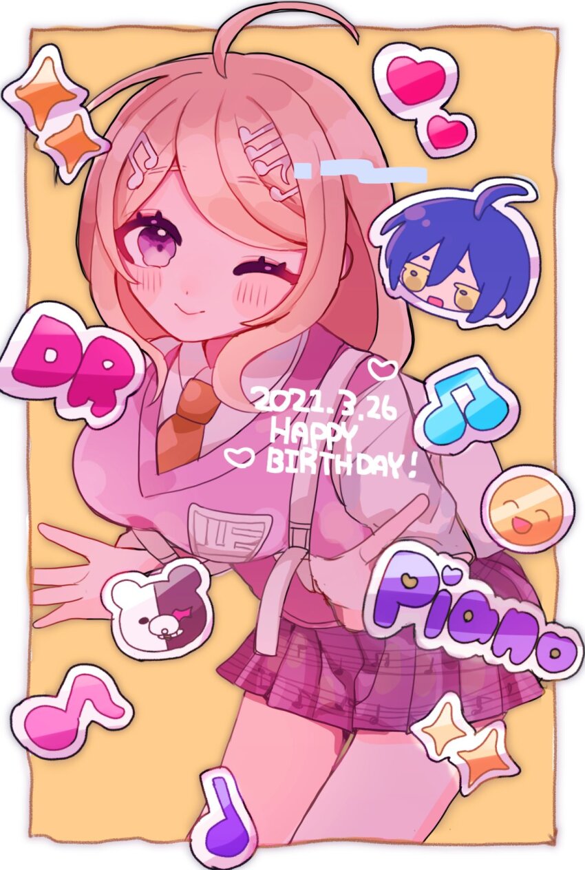 1boy 1girl ahoge akamatsu_kaede ameko53133 backpack bad_id bad_twitter_id bag bear blonde_hair blush_stickers border breasts buckle closed_mouth collared_shirt commentary_request crest danganronpa_(series) danganronpa_v3:_killing_harmony dated dot_nose emoji english_text eyelashes fortissimo hair_ornament happy happy_birthday head_only heart highres large_breasts leaning_forward lips long_hair miniskirt monokuma musical_note musical_note_hair_ornament musical_note_print necktie one_eye_closed orange_necktie outside_border pink_eyes pink_vest pleated_skirt purple_skirt saihara_shuichi shirt sidelocks skirt smile solo_focus sparkle standing thighs v-neck vest white_bag white_border white_shirt yellow_background