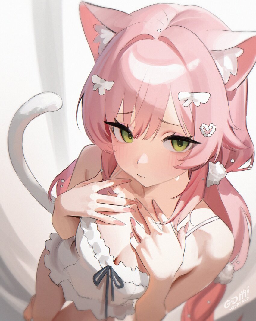 1girl absurdres animal_ears blush bow breasts cat_ears cat_girl cat_tail cleavage closed_mouth collarbone commentary cowboy_shot english_commentary fingernails frills from_above gomi_(gomiwaan) green_eyes hair_bow hair_ornament hand_on_own_chest heart heart_hair_ornament highres long_hair looking_at_viewer nervous nervous_sweating nightgown original pink_hair pink_nails pom_pom_(clothes) pom_pom_hair_ornament small_breasts solo sweat tail twintails very_long_hair white_nightgown white_tail