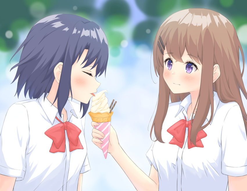 2girls adachi_sakura adachi_to_shimamura blue_hair blush bow bowtie brown_hair closed_eyes collared_shirt commentary_request dark_blue_hair feeding food hair_ornament hairclip hand_up highres ice_cream licking long_hair medium_hair multiple_girls purple_eyes red_bow red_bowtie school_uniform shimamura_hougetsu shirt short_sleeves sidelocks twinklemelon white_shirt yuri