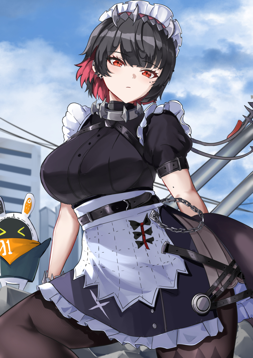 1girl absurdres apron bangboo_(zenless_zone_zero) black_dress black_hair black_pantyhose blue_sky breasts cloud colored_inner_hair day dress ellen_joe highres large_breasts multicolored_hair pantyhose puffy_short_sleeves puffy_sleeves red_eyes red_hair short_dress short_hair short_sleeves sky solo tian_kazuki waist_apron white_apron zenless_zone_zero