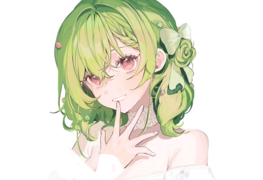 1girl absurdres armpit_crease bare_shoulders braid choker dress eyelashes green_hair grin hair_between_eyes hair_intakes hand_to_own_mouth highres ichika_maia indie_virtual_youtuber lace lace_choker looking_at_viewer medium_hair nail_polish off-shoulder_dress off_shoulder pink_eyes sakai_eri_(illustratoreri) simple_background smile solo virtual_youtuber white_background