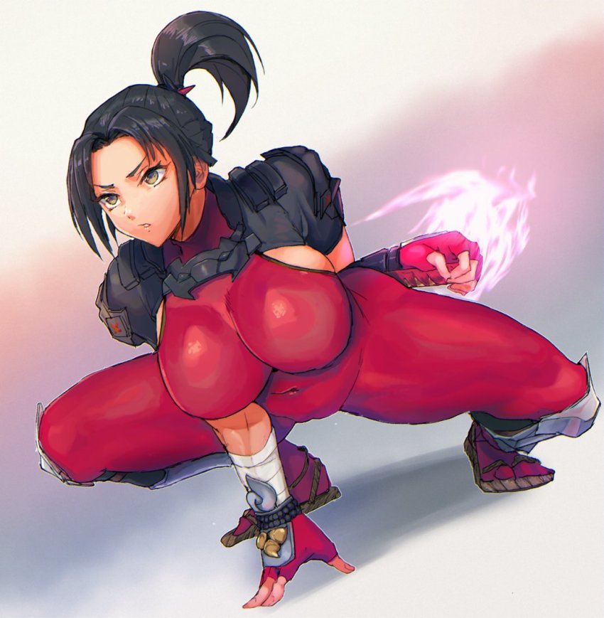 1girl black_hair bodysuit breasts fingerless_gloves gloves large_breasts long_hair madsensei namco ninja ponytail sideboob soul_calibur taki_(soulcalibur) tight_clothes