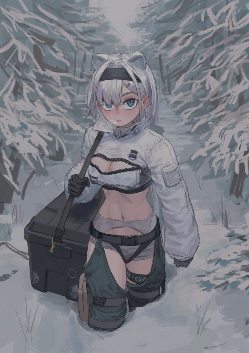 1girl animal_ears arknights aurora_(arknights) bare_tree bear_ears black_gloves black_hairband blue_eyes blush breasts cleavage cleavage_cutout clothing_cutout commentary crop_top cropped_jacket gloves grey_shorts hairband highres infection_monitor_(arknights) jacket large_breasts long_sleeves looking_at_viewer max-k midriff navel outdoors parted_lips short_shorts shorts silver_hair snow solo standing stomach thighs tree white_jacket