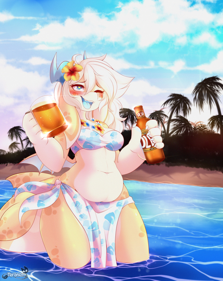 1girl absurdres artist_name beer_bottle bikini blue_bikini blue_eyes blue_tongue blush bottle breasts cleavage colored_tongue day drunk furry furry_female heart heart-shaped_pupils highres holding holding_bottle horns large_breasts long_hair looking_away nami_(teranen) navel one_eye_closed open_mouth original outdoors smile solo swimsuit symbol-shaped_pupils tail teranen tongue tongue_out white_hair wings