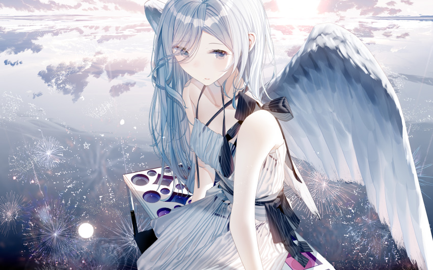 1girl angel_wings atha_(leejuiping) bench blue_dress blue_eyes blue_hair bow commentary dress feathered_wings fireworks frilled_dress frills hair_over_one_eye halterneck highres hinomori_shizuku long_hair looking_at_viewer mole mole_under_mouth parted_lips project_sekai reflection reflective_water sidelocks sitting sky solo striped_bow swept_bangs vertical-striped_bow wings