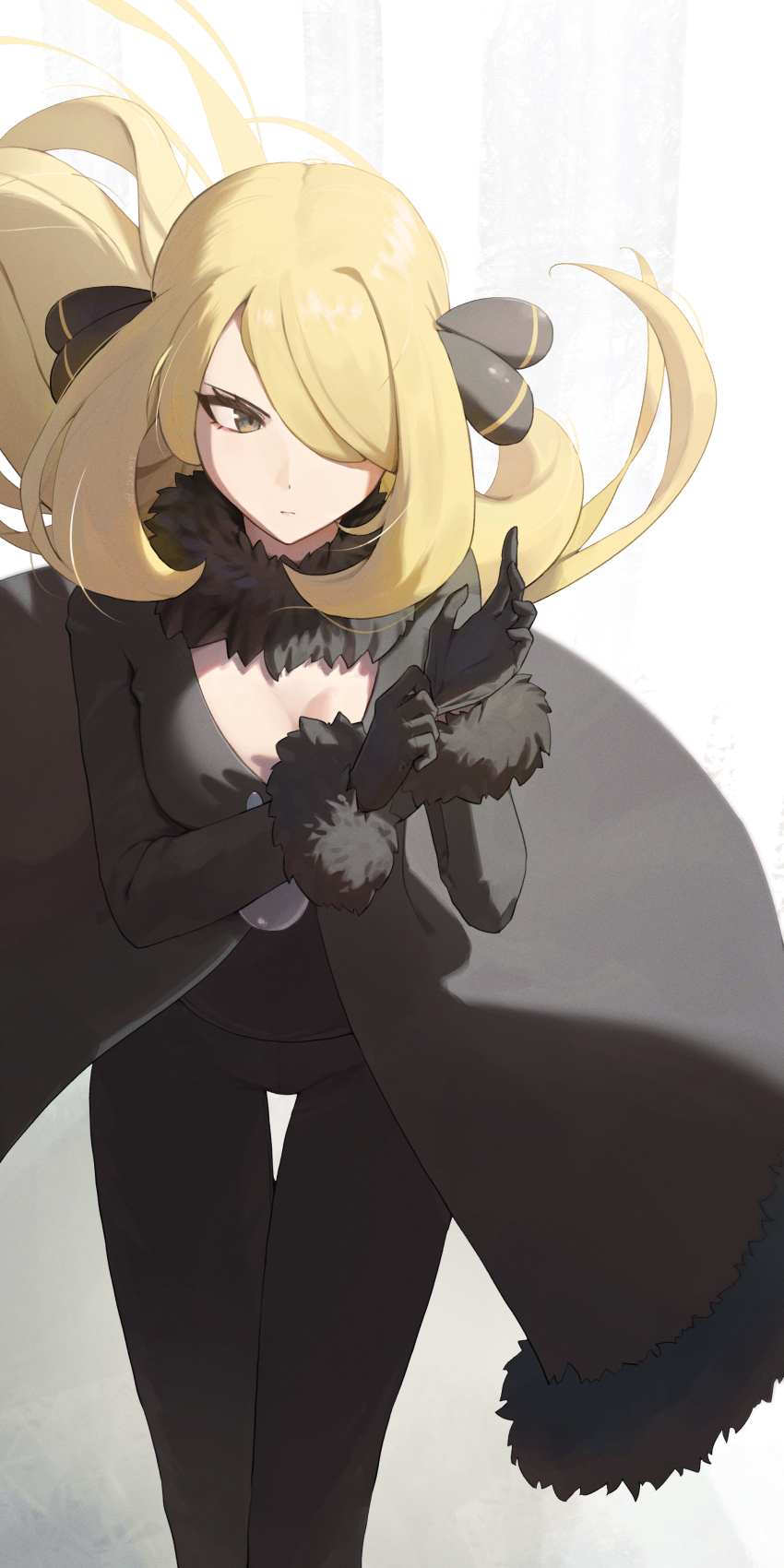 1girl absurdres black_gloves blonde_hair breasts cleavage closed_mouth coat commentary_request creatures_(company) cynthia_(pokemon) fur_collar fur_trim game_freak gloves grey_eyes hair_ornament hair_over_one_eye highres holding long_hair long_sleeves navel nintendo odd_(hin_yari) pokemon pokemon_dppt solo very_long_hair