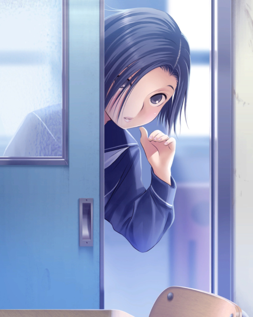 1girl asymmetrical_hair black_eyes black_hair blue_neckerchief blue_sailor_collar blue_serafuku blurry blurry_background blush bob_cut chair classroom depth_of_field desk door hair_over_one_eye hand_up highres indoors kobayakawa_rinko long_sleeves looking_at_viewer love_plus neckerchief official_art open_door parted_bangs pink_lips pink_nails sailor_collar school school_chair school_desk school_uniform serafuku short_hair sliding_doors solo standing