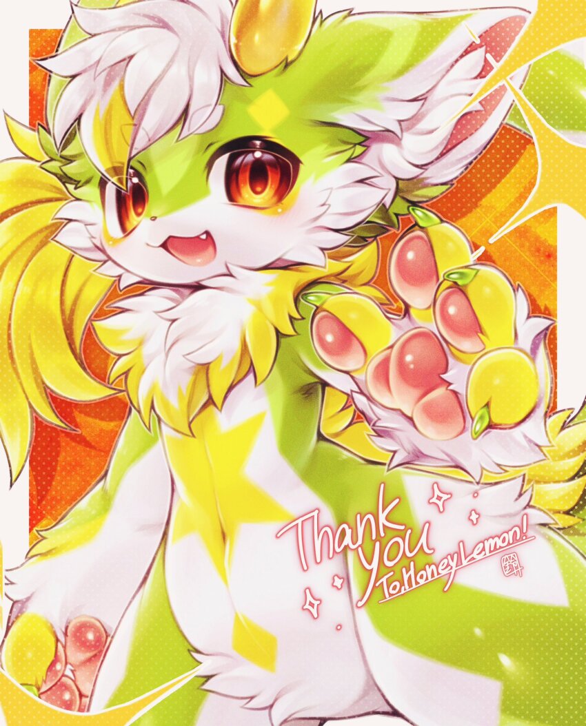 0suzu_illust 1other :3 arm_at_side blonde_hair border borrowed_character close-up colorful commission commissioner_name completely_nude cowboy_shot digitigrade drop_shadow fang film_grain furry gradient_eyes green_fur green_nails halftone halftone_background hand_up happy highres horns light_blush long_tail multicolored_eyes multicolored_fur multicolored_hair navel no_genitals nude open_hands open_mouth orange_background orange_eyes original other_focus outline outside_border saturated short_eyebrows short_hair sideways_glance signature skeb_commission solo sparkle streaked_hair tail tail_raised thank_you three_quarter_view very_short_hair white_border white_fur white_hair white_outline yellow_fur yellow_horns yellow_tail