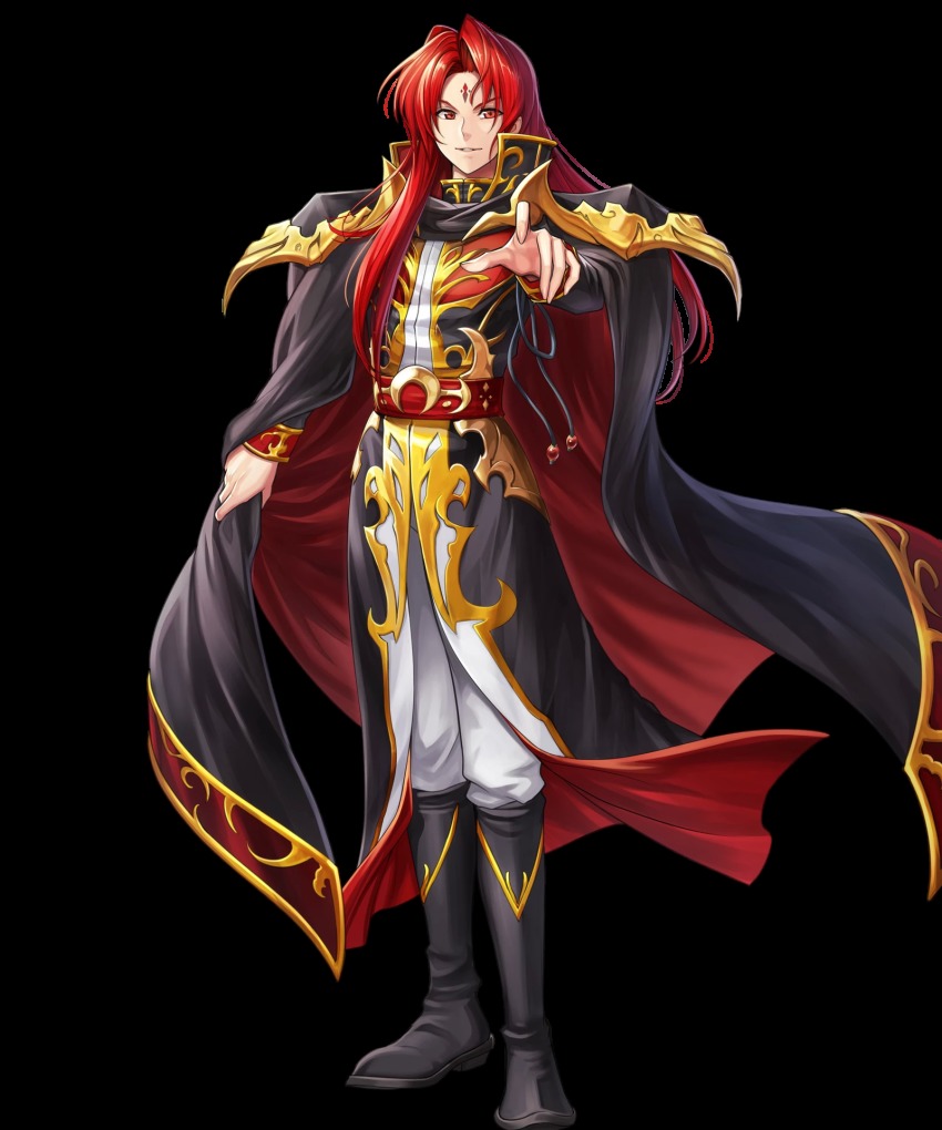 1boy belt black_cape black_coat black_footwear boots cape coat evil_smile facial_mark fire_emblem fire_emblem:_genealogy_of_the_holy_war fire_emblem_heroes forehead_mark full_body highres holding holding_cape holding_unworn_clothes holding_unworn_clothes julius_(fire_emblem) long_coat long_hair long_sleeves male_focus nintendo official_art pants pointing pointing_at_viewer red_eyes red_hair shoulder_pads sidelocks smile transparent_background white_pants