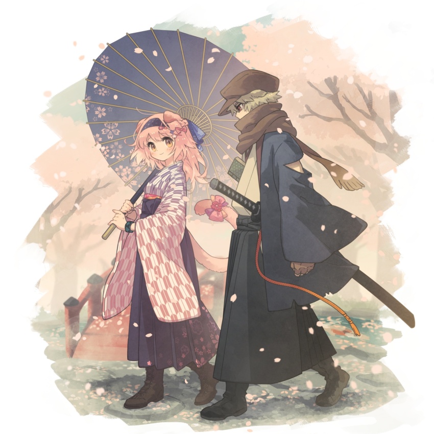 1boy 1girl alternate_costume animal_ears arknights arm_cutout black_footwear black_hairband black_hakama blue_jacket book boots bow bridge brown_footwear brown_gloves brown_hat brown_scarf cabbie_hat cat_ears cat_tail cherry_blossoms closed_mouth commentary cross-laced_footwear falling_petals fingerless_gloves floppy_ears flower full_body gloves goldenglow_(arknights) grey_hair hair_ornament hairband hairclip hakama hat highres holding holding_umbrella infection_monitor_(arknights) jacket japanese_clothes katana kimono long_hair long_sleeves looking_at_another looking_at_viewer morini_ochiteru multicolored_clothes multicolored_kimono orange_hair outdoors petals pink_bow pink_flower pink_hair pink_kimono purple_hakama purple_kimono purple_skirt red_(npc)_(arknights) red_eyes scarf scarf_over_mouth sheath sheathed shirt short_hair skirt smile sword symbol-only_commentary tail tail_bow tail_ornament umbrella weapon white_kimono white_shirt wide_sleeves