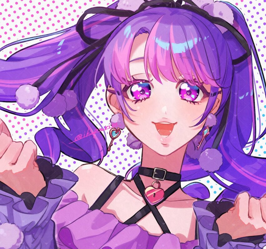 1girl :d adversarial_noise aikatsu!_(series) aikatsu_academy! akari_(i_rasuto) bare_shoulders black_choker black_ribbon choker clenched_hands earrings floating_hair hair_ornament hair_ribbon hands_up jewelry key_earrings lips lock long_sleeves multicolored_hair open_mouth polka_dot polka_dot_background pom_pom_(clothes) pom_pom_hair_ornament portrait purple_eyes purple_hair ribbon rindou_taimu smile solo straight-on streaked_hair twintails white_background